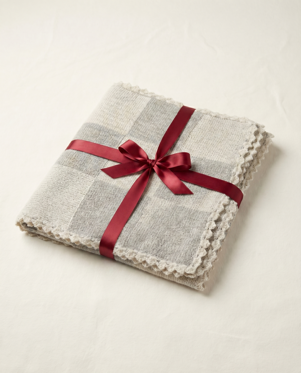 Baby Alpaca blanket with a red ribbon on a light beige background