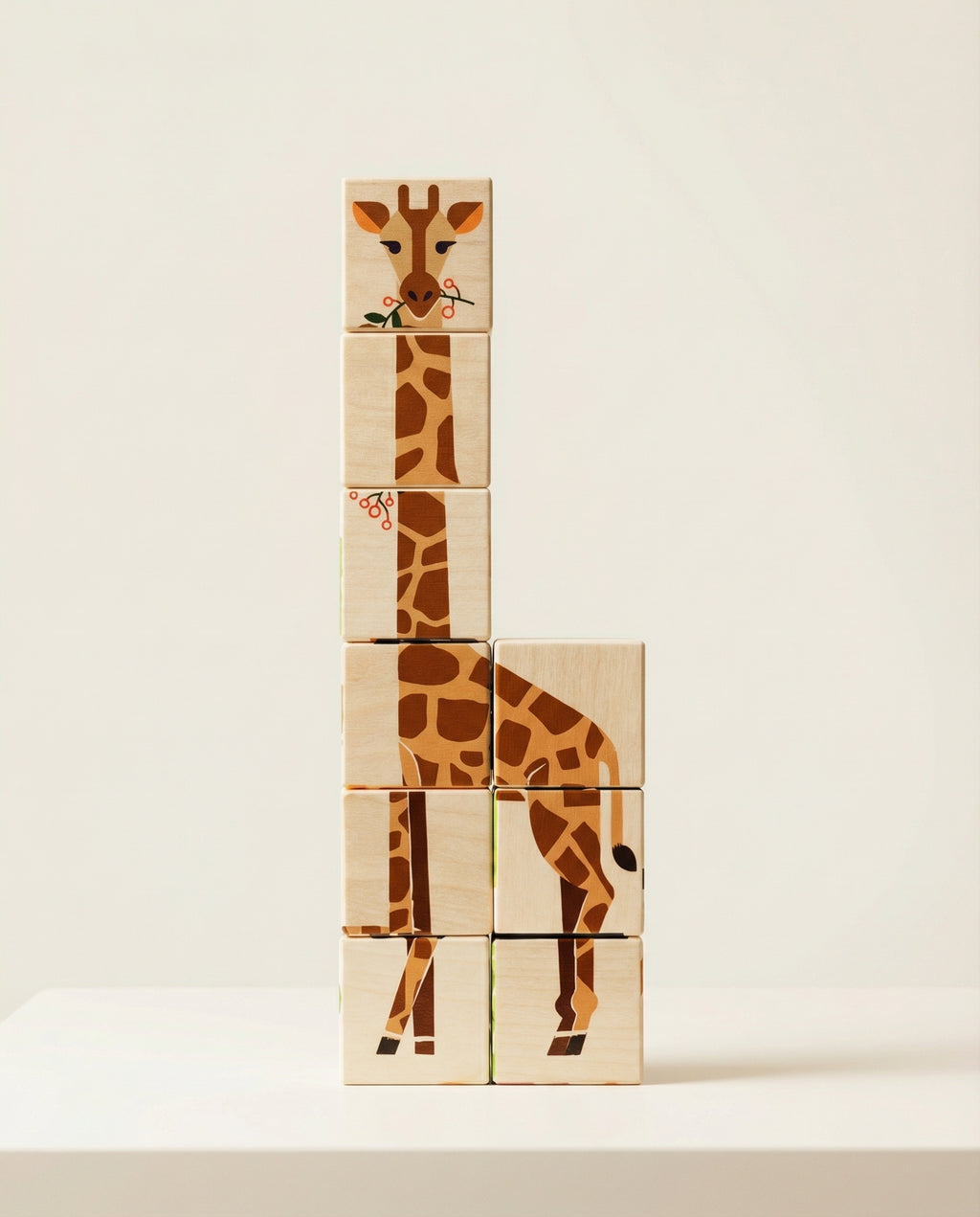 Wooden blocks with giraffe illustrations stacked on a white surface