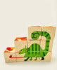 Stack of wooden blocks with colorful animal illustrations on a white background