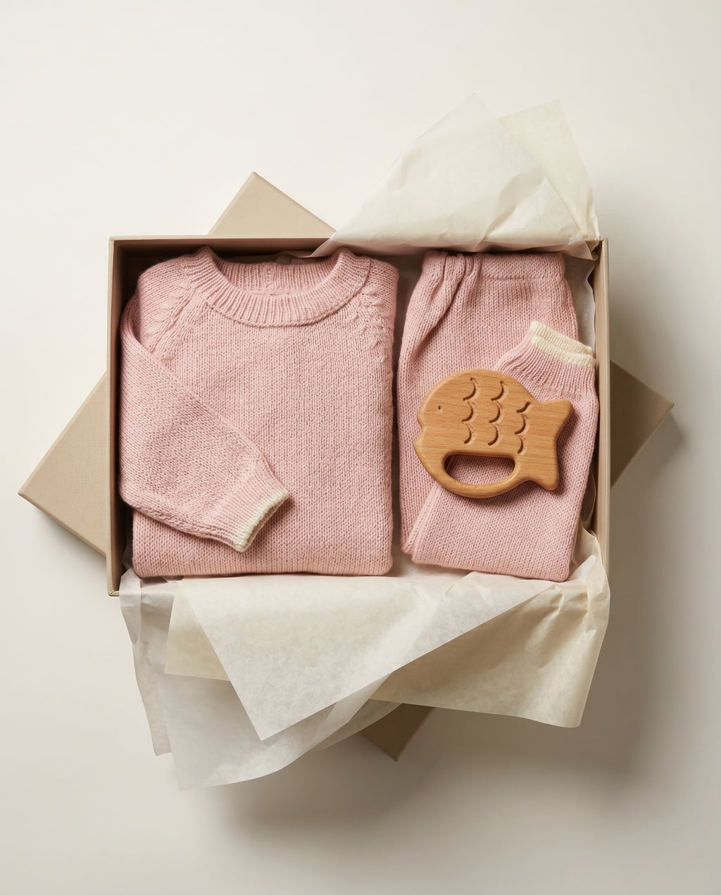Pink baby outfit with a wooden teether in a box on a light background