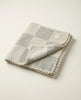 Folded checkered blanket with lace trim on a light background